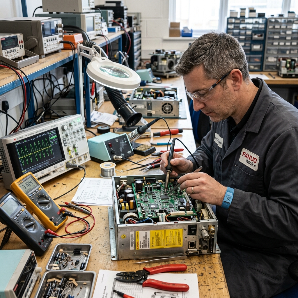 Technician repairing servo drive unit on electronics workbench