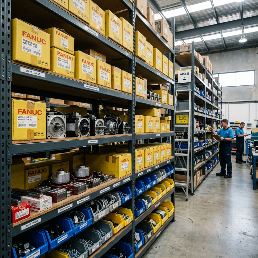 Organized CNC spare parts inventory with genuine OEM components